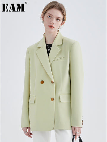 [EAM]  Women Green Double Breasted Big Size Blazer Lapel Long Sleeve Loose Fit Jacket Spring Autumn 2023 1DE6257