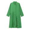 [EAM] Women Green Irregular Hollow Out Big Size Shirt Dress Lapel Long Sleeve Loose Fit Spring Autumn 2022 1DE1713