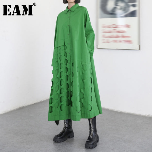 [EAM] Women Green Irregular Hollow Out Big Size Shirt Dress Lapel Long Sleeve Loose Fit Spring Autumn 2022 1DE1713