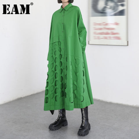 [EAM] Women Green Irregular Hollow Out Big Size Shirt Dress Lapel Long Sleeve Loose Fit Spring Autumn 2022 1DE1713