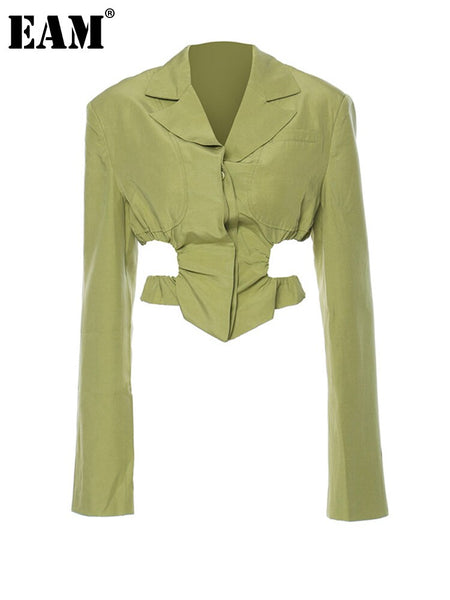 [EAM]  Women Green Irregular Hollow Out Blazer Lapel Long Sleeve Loose Fit Jacket Tide Spring Autumn 2023 1DE1678