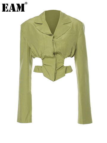 [EAM]  Women Green Irregular Hollow Out Blazer Lapel Long Sleeve Loose Fit Jacket Tide Spring Autumn 2023 1DE1678