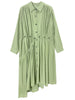 [EAM] Women Green Pleated Midi Big Size Shirt Dress Lapel Long Sleeve Loose Fit Tide Spring Autumn 2023 1DE6322