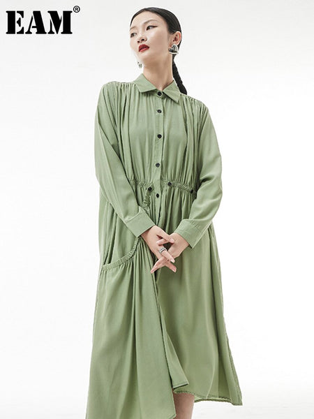 [EAM] Women Green Pleated Midi Big Size Shirt Dress Lapel Long Sleeve Loose Fit Tide Spring Autumn 2023 1DE6322