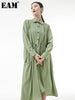 [EAM] Women Green Pleated Midi Big Size Shirt Dress Lapel Long Sleeve Loose Fit Tide Spring Autumn 2023 1DE6322