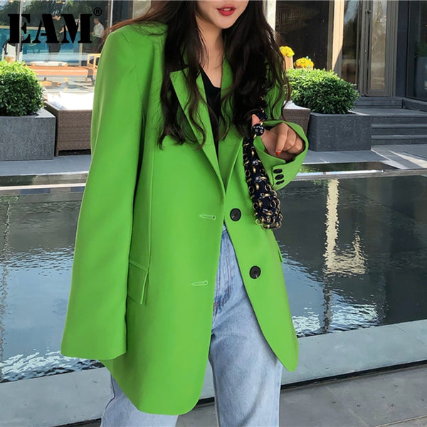 [EAM]  Women Green Split Joint Big Size Blazer Lapel Long Sleeve Loose Fit  Jacket Tide Spring Autumn 2022 1DA452
