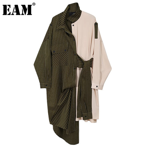 [EAM] Women Green Striped Split Big Size  Dress Lape Long Sleeve Loose Fit Tide Spring Autumn 2023 1DD0108