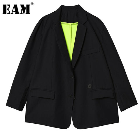 [EAM]  Women Inside Fluorescent Yellow Oversized Blazer Lapel Long Sleeve Loose Jacket Spring Autumn 2022 1DE1115