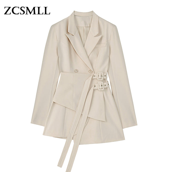 [EAM]  Women Irregular Bandage Spliced Blazer Lapel Long Sleeve Loose Fit Jacket Tide Spring Autumn 2023 TH1083
