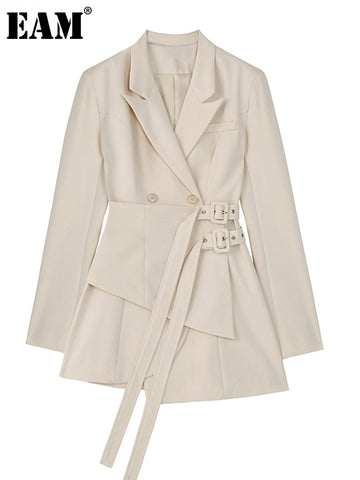 [EAM]  Women Irregular Bandage Spliced Blazer Lapel Long Sleeve Loose Fit Jacket Tide Spring Autumn 20231DA710