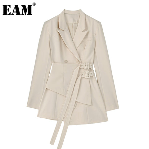 [EAM]  Women Irregular Bandage Spliced Blazer Lapel Long Sleeve Loose Fit Jacket Tide Spring Autumn 20221DA710