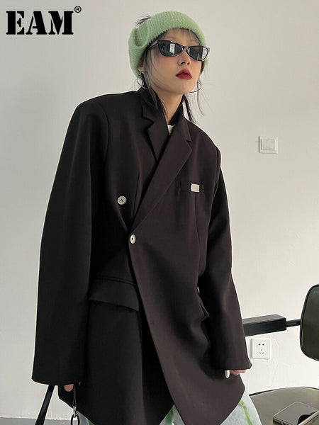 [EAM]  Women Irregular Button Big Size Casual Blazer Lapel Long Sleeve Loose Fit Jacket Spring Autumn 2023 1DE8955