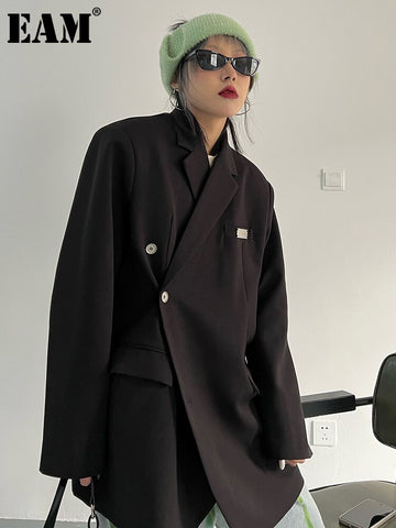 [EAM]  Women Irregular Button Big Size Casual Blazer Lapel Long Sleeve Loose Fit Jacket Spring Autumn 2023 1DE8955