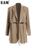 [EAM]  Women Khaki Bandage Hollow Out Casual Blazer Lapel Long Sleeve Loose Fit Jacket Spring Autumn 2023 1DE9965