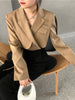 [EAM]  Women Khaki Bandage Irregular Short Blazer Lapel Long Sleeve Loose Fit  Jacket Tide Spring Autumn 2023 1DA446