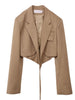 [EAM]  Women Khaki Bandage Irregular Short Blazer Lapel Long Sleeve Loose Fit  Jacket Tide Spring Autumn 2023 1DA446