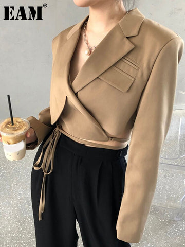 [EAM]  Women Khaki Bandage Irregular Short Blazer Lapel Long Sleeve Loose Fit  Jacket Tide Spring Autumn 2023 1DA446