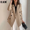 [EAM]  Women Khaki Double Breasted Big Size Blazer Lapel Long Sleeve Loose Fit  Jacket Spring Autumn 2022 1DD5751