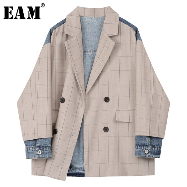 [EAM]  Women Khaki Plaid Denim Big Size Blazer Lapel Long Sleeve Loose Fit  Jacket Tide Spring Autumn 2022 1X214