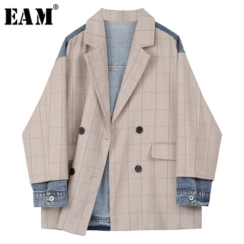 [EAM]  Women Khaki Plaid Denim Big Size Blazer Lapel Long Sleeve Loose Fit  Jacket Tide Spring Autumn 2022 1X214
