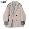 [EAM]  Women Khaki Plaid Denim Big Size Blazer Lapel Long Sleeve Loose Fit  Jacket Tide Spring Autumn 2022 1X214