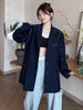 [EAM]  Women Navy Blue Topstitched Big Size Blazer Lapel Long Sleeve Loose Fit Jacket Spring Autumn 2023 1DF0788