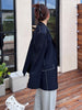 [EAM]  Women Navy Blue Topstitched Big Size Blazer Lapel Long Sleeve Loose Fit Jacket Spring Autumn 2023 1DF0788
