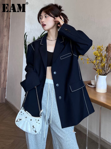 [EAM]  Women Navy Blue Topstitched Big Size Blazer Lapel Long Sleeve Loose Fit Jacket Spring Autumn 2023 1DF0788