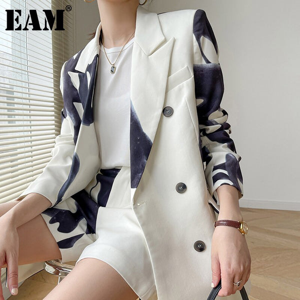 [EAM]  Women Pattern Printed Big Size Blazer Lapel Long Sleeve Loose Fit Jacket Tide Spring Autumn 2022 1DE1723
