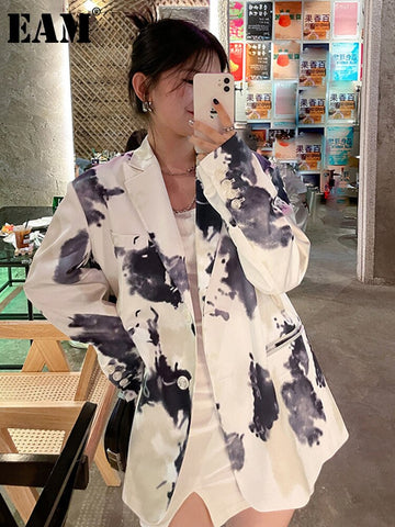 [EAM]  Women Pattern Printed Big Size Casual Blazer Lapel Long Sleeve Loose Fit Jacket Spring Autumn 2023 1DE2284