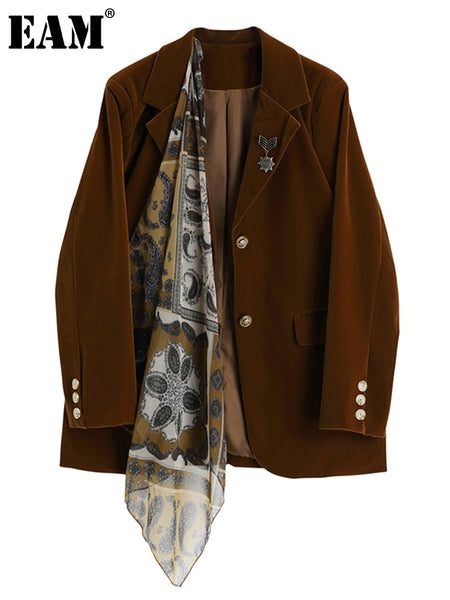 [EAM]  Women Pattern Printed Velvet Blazer Lapel Long Sleeve Loose Fit  Jacket Tide Spring Autumn 2023 1DA305