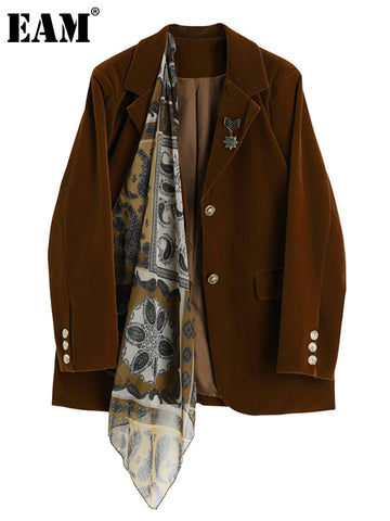 [EAM]  Women Pattern Printed Velvet Blazer Lapel Long Sleeve Loose Fit  Jacket Tide Spring Autumn 2023 1DA305