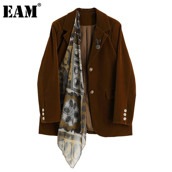 [EAM]  Women Pattern Printed Velvet Blazer Lapel Long Sleeve Loose Fit  Jacket Tide Spring Autumn 2022 1DA305