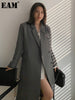 [EAM]  Women Pockets Gray Long Big Size Blazer Notched Long Sleeve Loose Fit  Jacket Tide Spring Autumn 2023 1DD5532