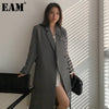 [EAM]  Women Pockets Gray Long Big Size Blazer Notched Long Sleeve Loose Fit  Jacket Tide Spring Autumn 2022 1DD5532