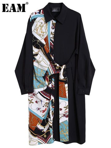[EAM] Women Print Pattern Spliced Bandage Big Size Dress Lapel Long Sleeve Loose Fit Tide Spring Autumn 2023 1DD3632
