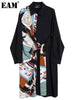 [EAM] Women Print Pattern Spliced Bandage Big Size Dress Lapel Long Sleeve Loose Fit Tide Spring Autumn 2023 1DD3632