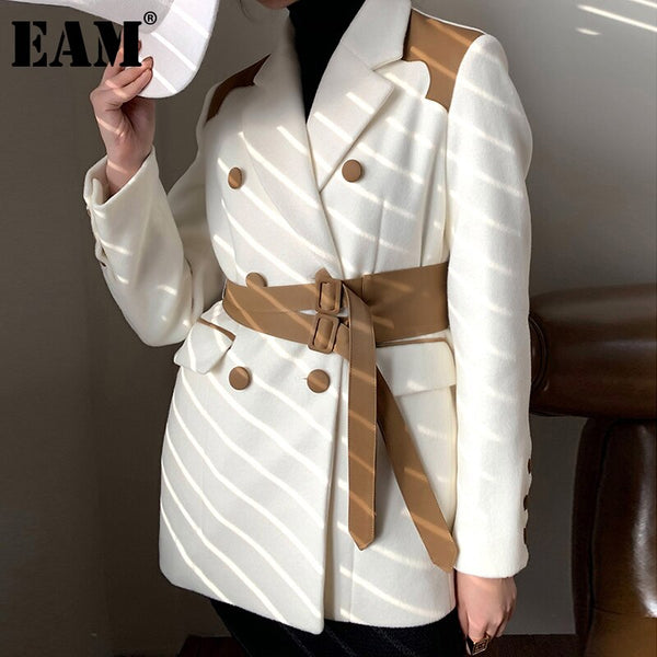 [EAM]  Women Pu Leather White Big Size Blazer Notched Collar Long Sleeve Loose Fit Jacket Spring Autumn 2022 1DD3343