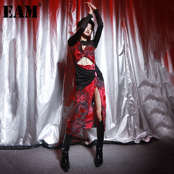 [EAM] Women Red Flocking Hollow Out Long Dress Round Neck Long Sleeve Loose Fit Tide Spring Autumn 2023 1DE4900