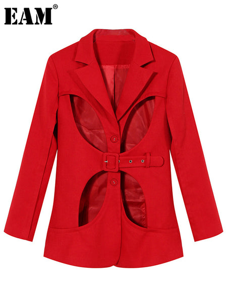 [EAM]  Women Red Hollow Out Casual Blazer Lapel Long Sleeve Loose Fit Jacket Tide Spring Autumn 2023 1DE5109