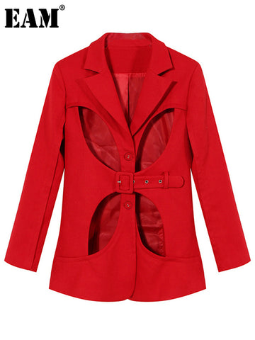 [EAM]  Women Red Hollow Out Casual Blazer Lapel Long Sleeve Loose Fit Jacket Tide Spring Autumn 2023 1DE5109