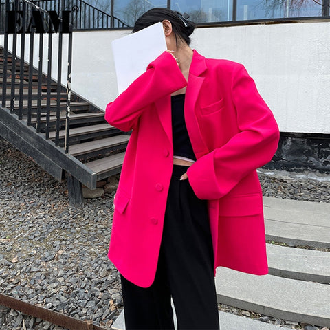 [EAM]  Women Rose Pink Color Big Size Blazer Lapel Long Sleeve Loose Fit Jacket Tide Spring Autumn 2022 1DE01311