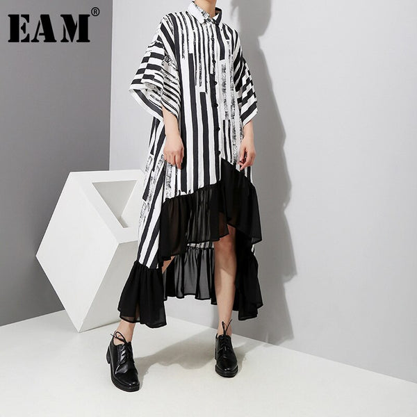 [EAM] Women Striped Back Long Big Size Dress Lapel Three-quarter Sleeve Loose Fit Tide Spring Autumn 2023 1D759