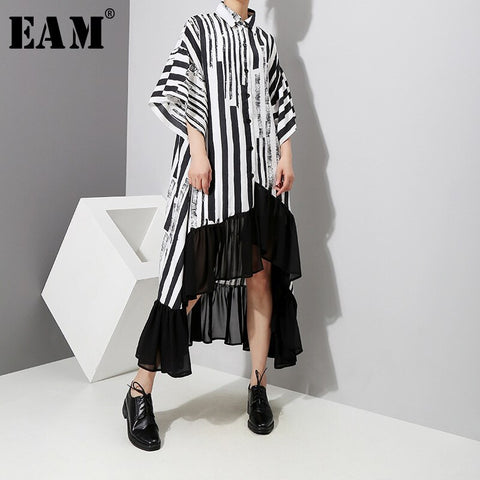 [EAM] Women Striped Back Long Big Size Dress Lapel Three-quarter Sleeve Loose Fit Tide Spring Autumn 2023 1D759