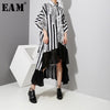 [EAM] Women Striped Back Long Big Size Dress Lapel Three-quarter Sleeve Loose Fit Tide Spring Autumn 2023 1D759