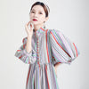 [EAM] Women Striped Spliced Long Shirt Dress Stand Collar Three-quarter Sleeve Loose Fit Spring Autumn 2023 1DE0219