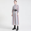 [EAM] Women Striped Spliced Long Shirt Dress Stand Collar Three-quarter Sleeve Loose Fit Spring Autumn 2023 1DE0219