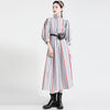 [EAM] Women Striped Spliced Long Shirt Dress Stand Collar Three-quarter Sleeve Loose Fit Spring Autumn 2023 1DE0219