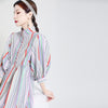 [EAM] Women Striped Spliced Long Shirt Dress Stand Collar Three-quarter Sleeve Loose Fit Spring Autumn 2023 1DE0219
