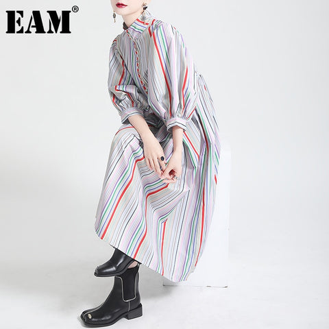 [EAM] Women Striped Spliced Long Shirt Dress Stand Collar Three-quarter Sleeve Loose Fit Spring Autumn 2023 1DE0219